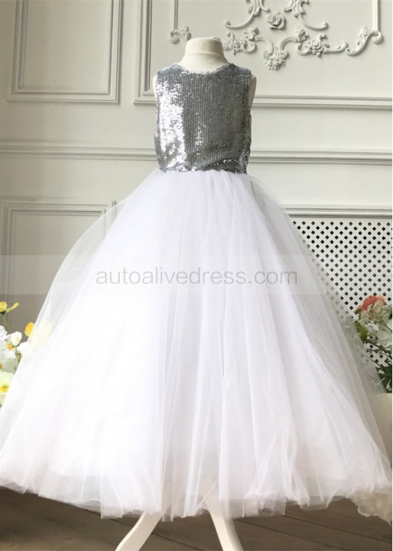 Silver Fish Scale Sequin Cross Back Flower Girl Dress